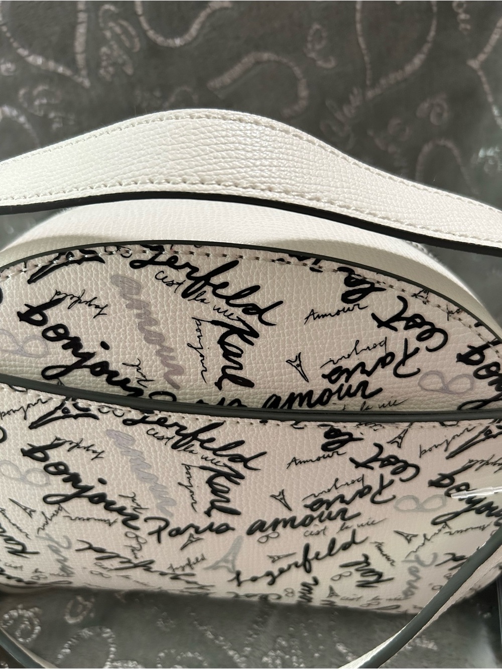 NWT Karl Lagerfeld, Mini, White, Crossbody Bag with Black Sunglasses & Pink Nose - Picture 9 of 11